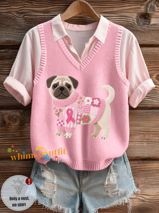 Women’s Felt Art Pug Pattern Cozy Knit Vest Pink / S