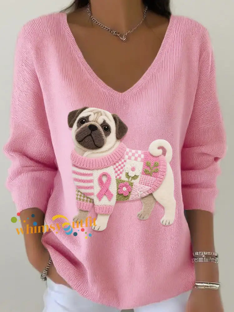 Women’s Felt Art Pug Pattern V Neck Ribbed Top Pink / S