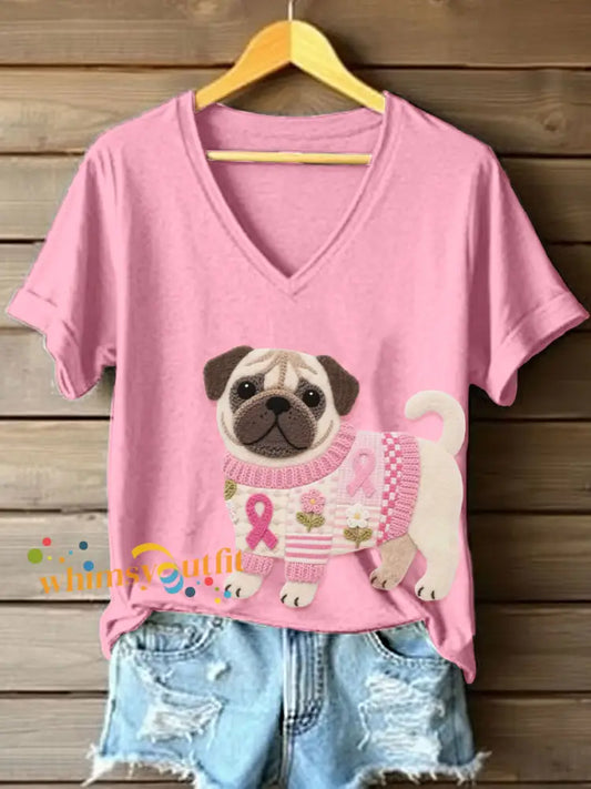 Women’s Felt Art Pug Pattern V Neck T Shirt Pink / S