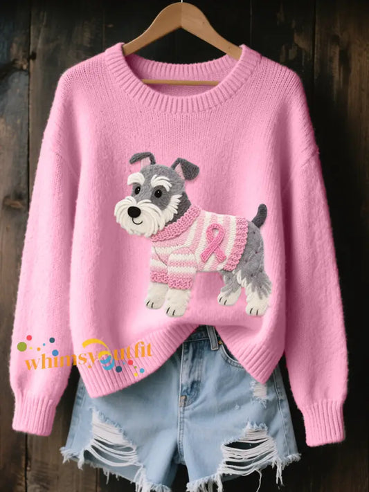 Women’s Felt Art Schnauzer Dog Pattern Cozy Knit Sweater Pink / S