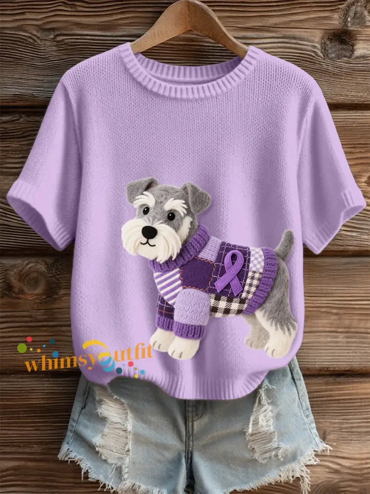 Women’s Felt Art Schnauzer Dog Pattern Cozy Knit Top Light Purple / S