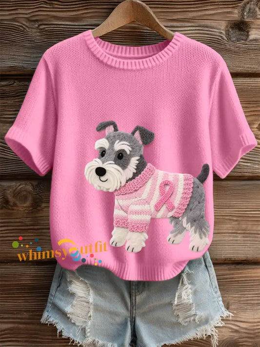 Women’s Felt Art Schnauzer Dog Pattern Cozy Knit Top Pink / S