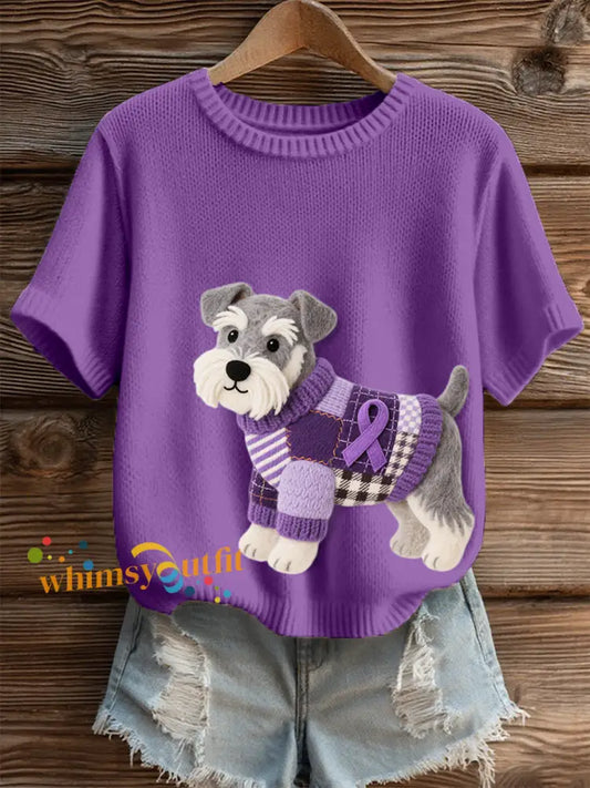 Women’s Felt Art Schnauzer Dog Pattern Cozy Knit Top Purple / S