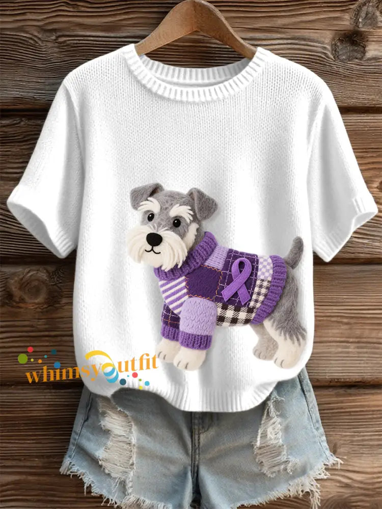 Women’s Felt Art Schnauzer Dog Pattern Cozy Knit Top White / S