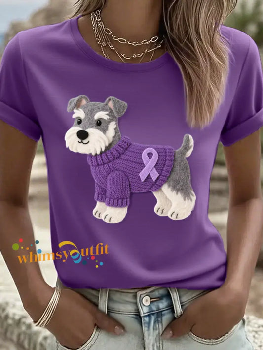 Women’s Felt Art Schnauzer Dog Pattern T Shirt Deep Purple / S
