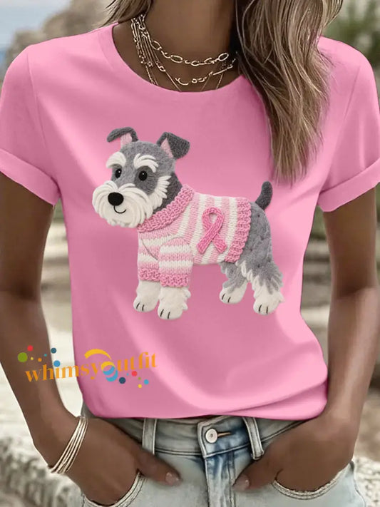 Women’s Felt Art Schnauzer Dog Pattern T Shirt Pink / S