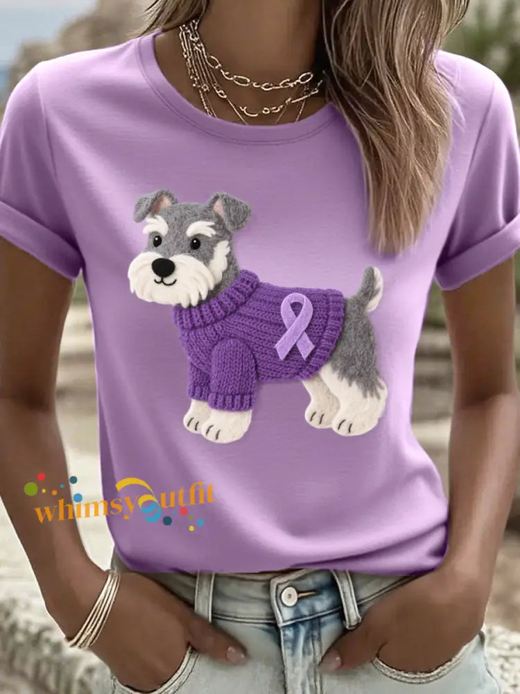 Women’s Felt Art Schnauzer Dog Pattern T Shirt Purple / S