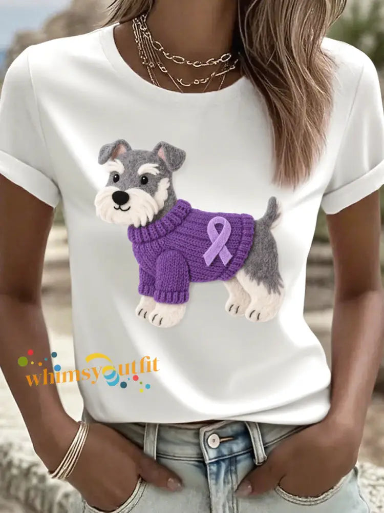 Women’s Felt Art Schnauzer Dog Pattern T Shirt White / S
