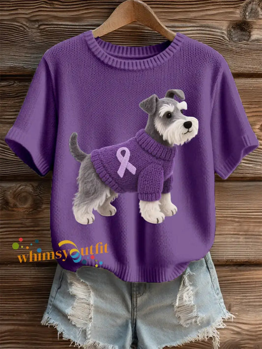 Women’s Felt Art Schnauzer Pattern Cozy Knit Top Deep Purple / S