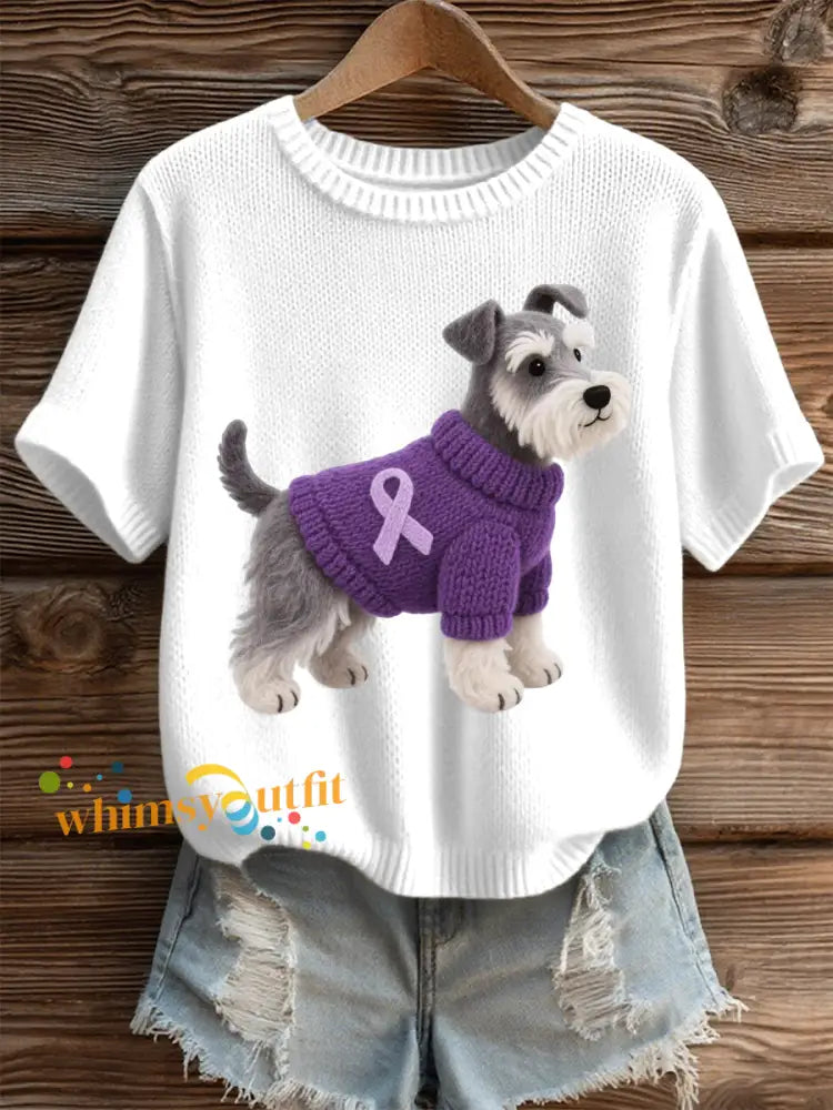 Women’s Felt Art Schnauzer Pattern Cozy Knit Top White / S