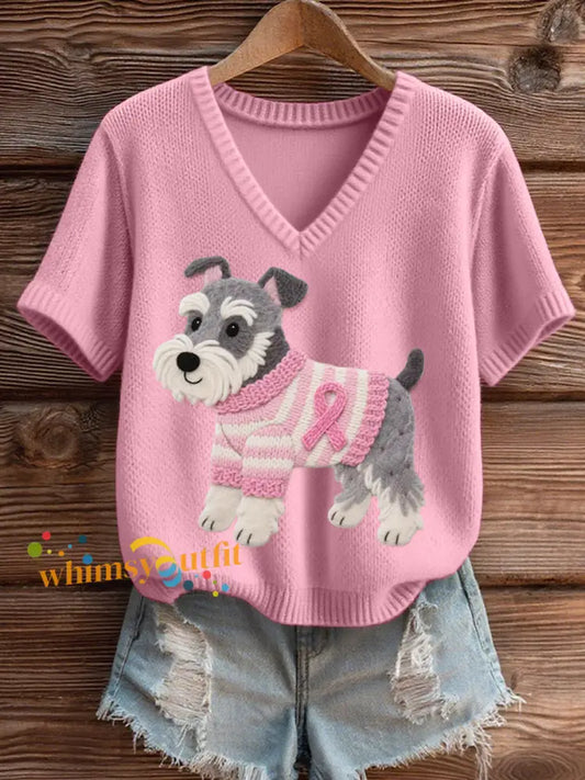 Women’s Felt Art Schnauzer Pattern Cozy V Neck Knit Top Pink / S
