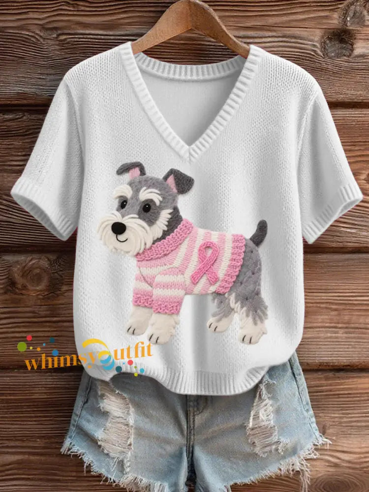 Women’s Felt Art Schnauzer Pattern Cozy V Neck Knit Top White / S