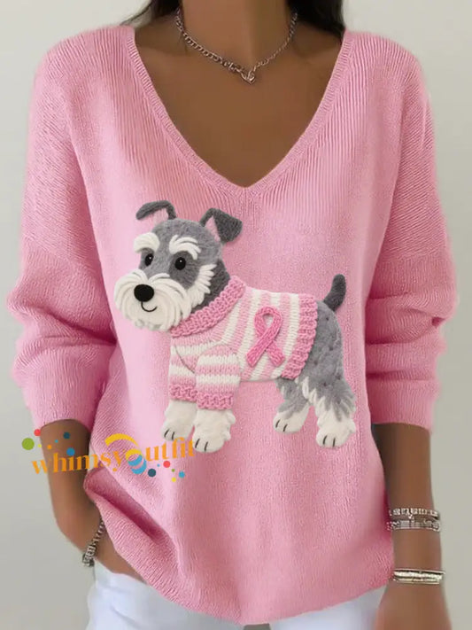 Women’s Felt Art Schnauzer Pattern V Neck Ribbed Top Pink / S
