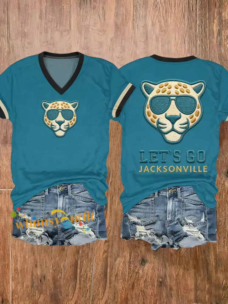 Women’s Football Fans Gameday Casual V-Neck Tee Blue-Green / S