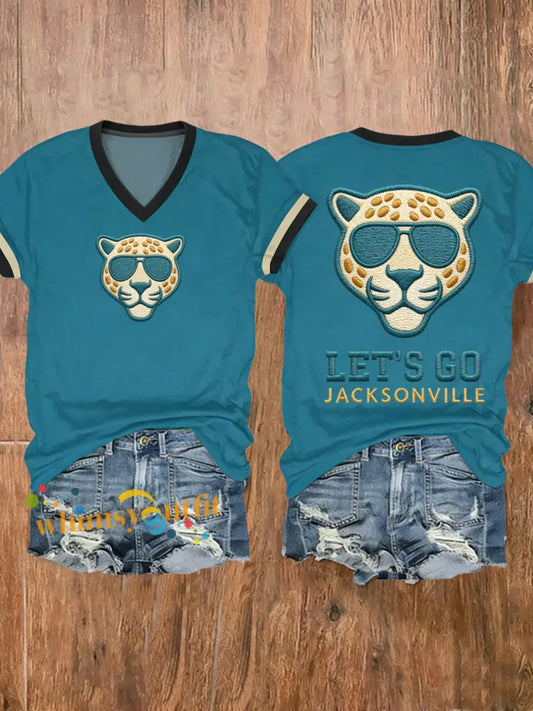 Women’s Football Fans Gameday Casual V-Neck Tee Blue-Green / S