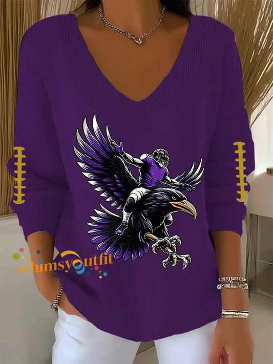 Women’s Football Fans Lovers Gameday Casual V Neck Ribbed Top Purple / S