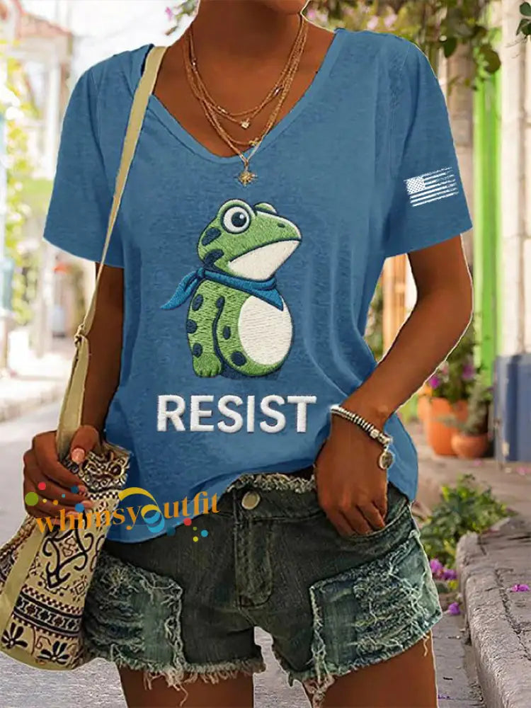 Women’s Frog Resist Printed V-neck T-shirt Blue / S