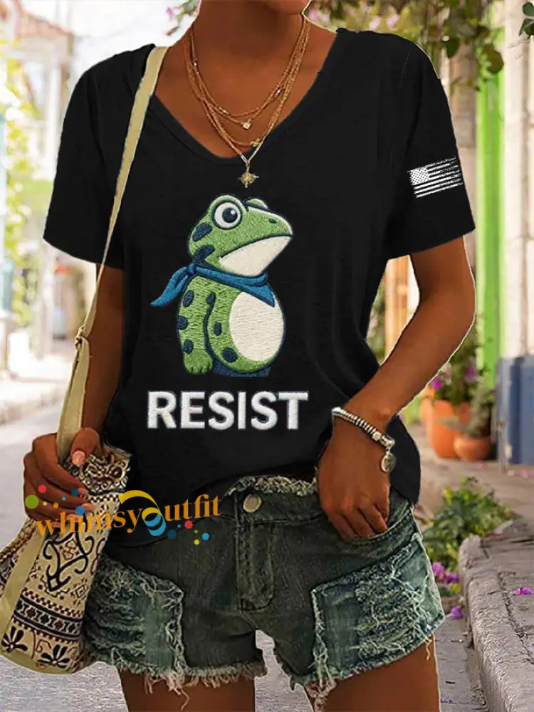 Women’s Frog Resist Printed V-neck T-shirt Light Gray / S