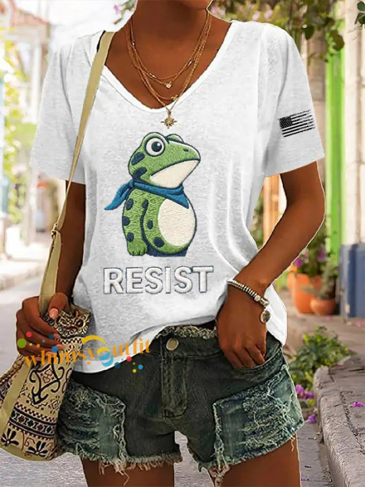 Women’s Frog Resist Printed V-neck T-shirt White / S