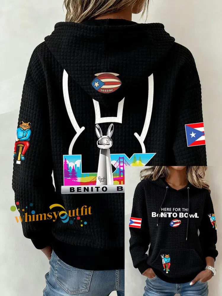 Women’s Funny Bunny Football Music Lover Printed Hoodie Black / S