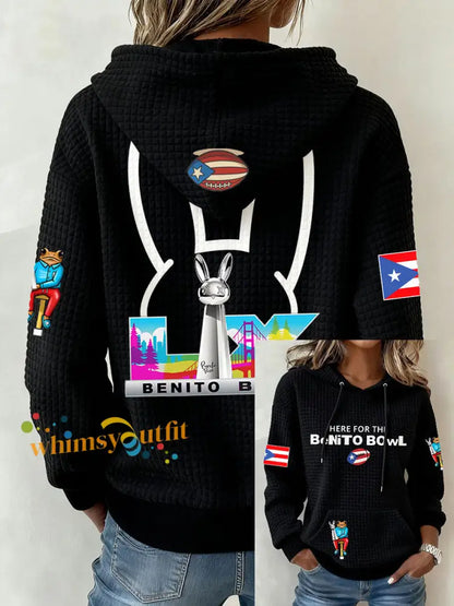 Women’s Funny Bunny Football Music Lover Printed Hoodie Black / S