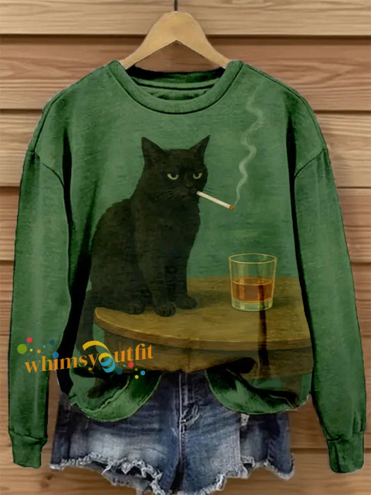 Women’s Funny Cat Art Print Vintage Sweatshirt As picture / S