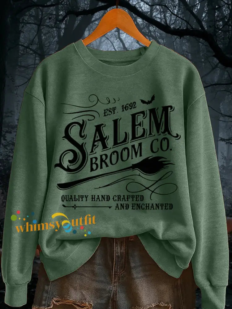Women’s Funny Halloween Witch Salem Broom Co Est.1692 Casual Sweatshirt Green / S