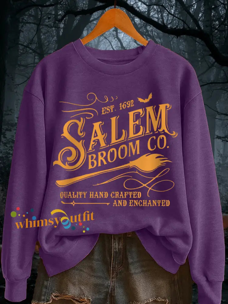 Women’s Funny Halloween Witch Salem Broom Co Est.1692 Casual Sweatshirt Purple / S