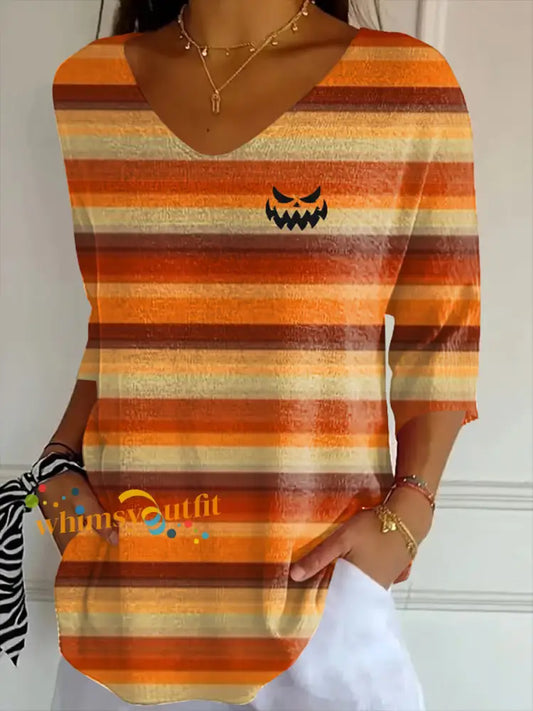 Women’s Ghost Face Pumpkin Print Ribbed Fabric Casual V Neck T Shirt As picture / S