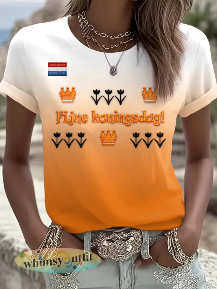 Women’s Gradient Print Dutch Fijne Koningsdag Casual T-Shirt - Orange / S