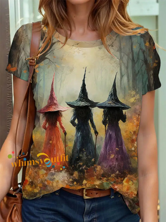 Women’s Halloween Beautiful Witches and Wildflowers Print T shirt As picture / S