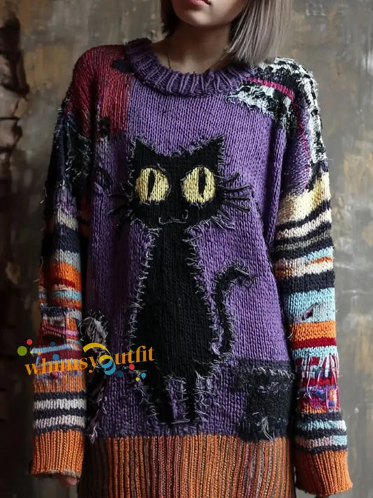 Women’s Halloween Black Cat Embroidered Patchwork Long Knitted Sweater As picture / S