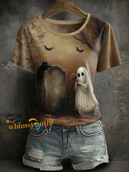 Women’s Halloween Black Cat Ghost Printed short sleeved T shirt As picture / S