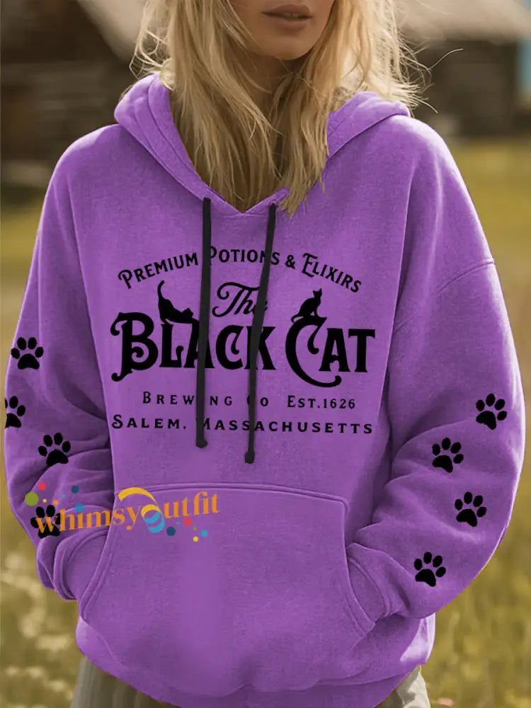 Women’s Halloween Black Cat Hoodie Purple / S