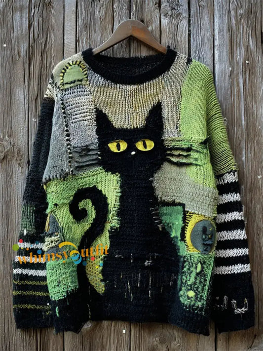 Women’s Halloween Black Cat Knitted Sweater As picture / S