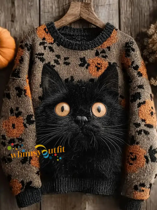 Women’s Halloween Black Cat Knitted Sweater As picture / S
