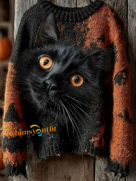Women’s Halloween Black Cat Knitted Sweater As picture / S