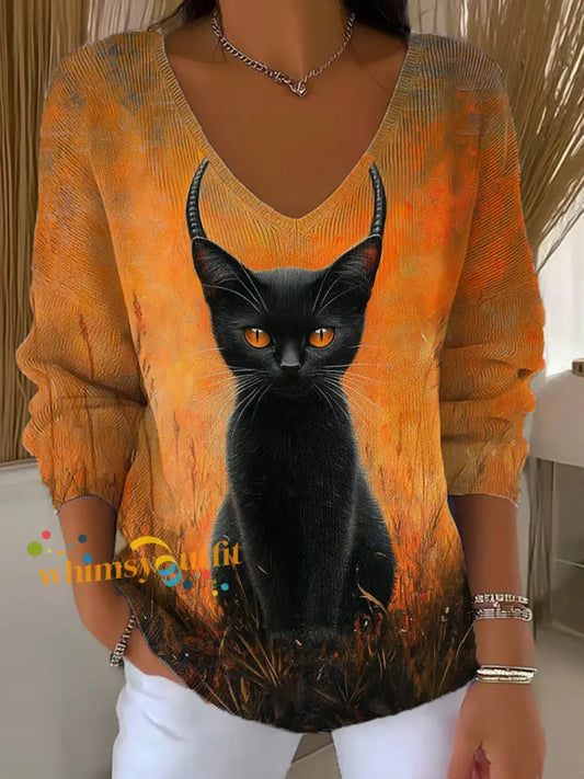 Women’s Halloween Black Cat Print Casual Long Sleeve Top Pumpkin Orange / S