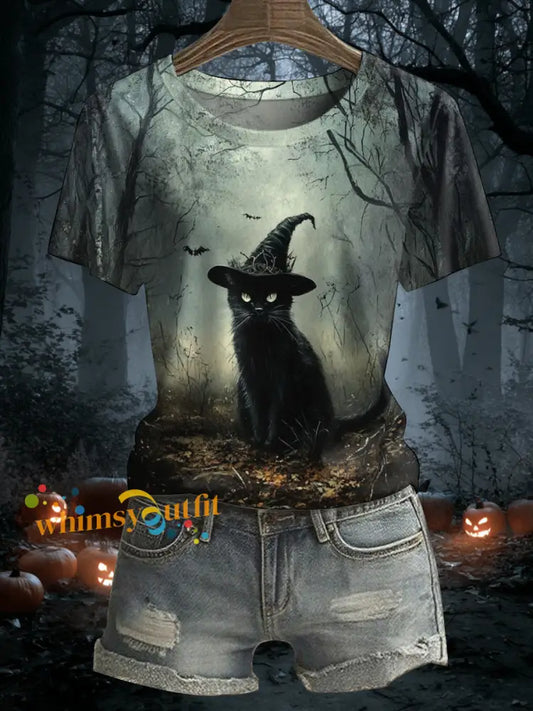 Women’s Halloween Black Cat Print Casual Tee As picture / S