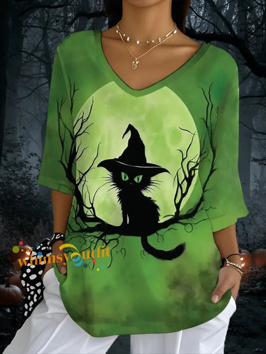 Women’s Halloween Black Cat Print Half Sleeve T Shirt Green / S