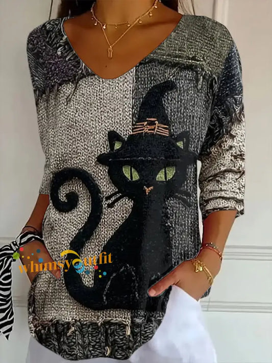 Women’s Halloween Black Cat Print Top As picture / S