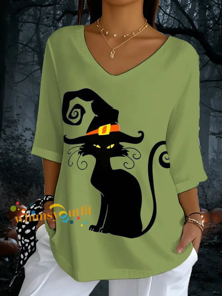 Women’s Halloween Black Cat Print V Neck T Shirt Green / S