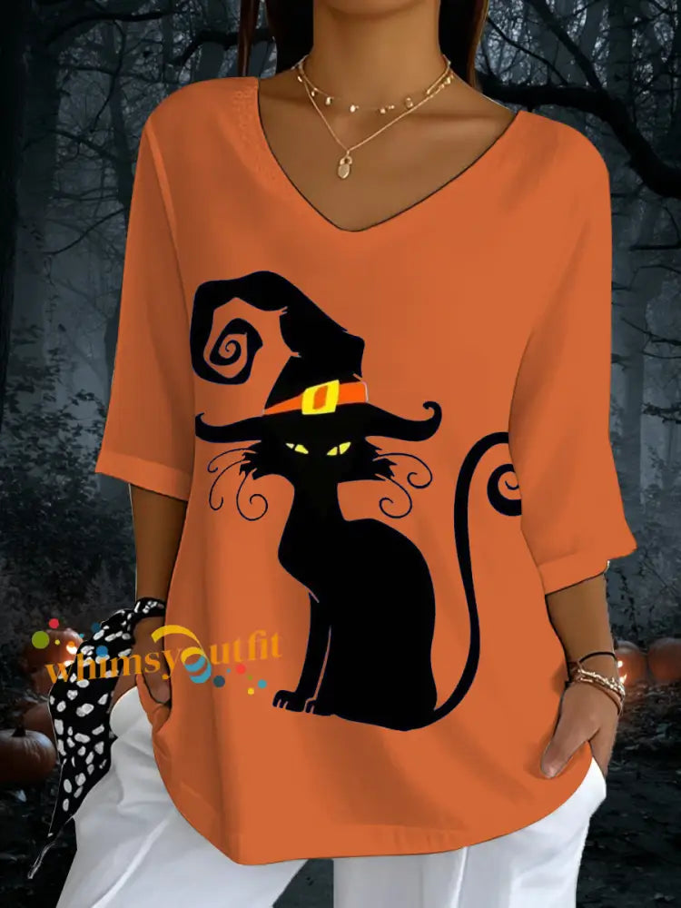 Women’s Halloween Black Cat Print V Neck T Shirt Orange / S
