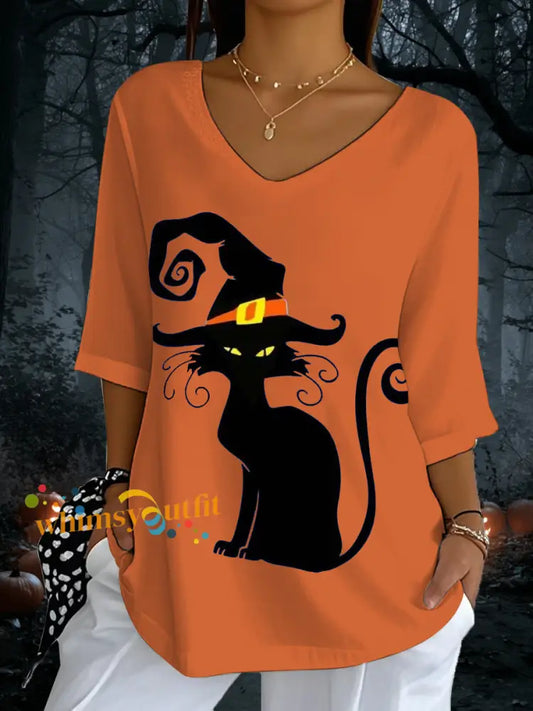 Women’s Halloween Black Cat Print V Neck T Shirt Orange / S