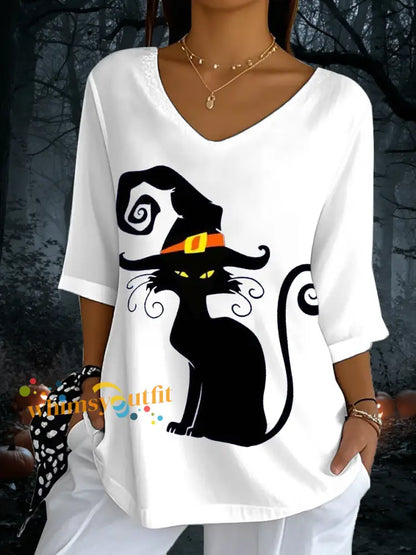 Women’s Halloween Black Cat Print V Neck T Shirt White / S