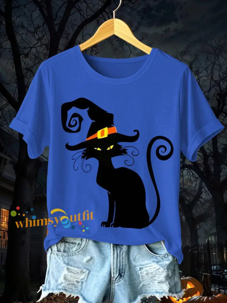 Women’s Halloween Black Cat Short Sleeve T Shirt Blue / S