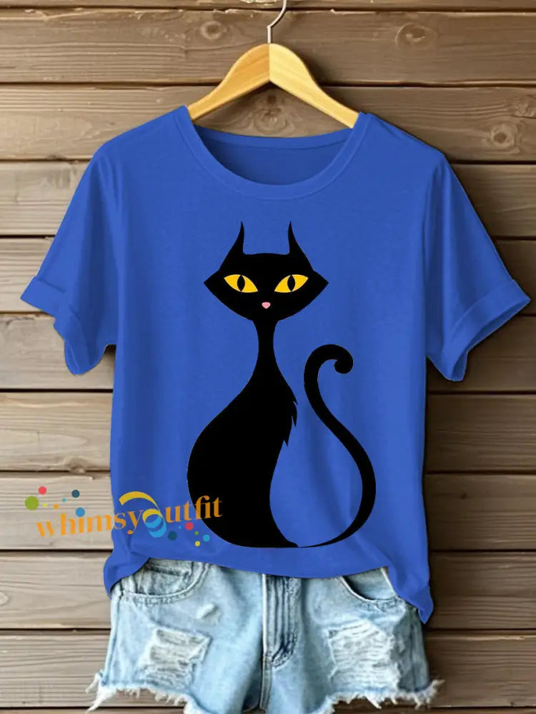 Women’s Halloween Black Cat Short Sleeve T Shirt Blue / S