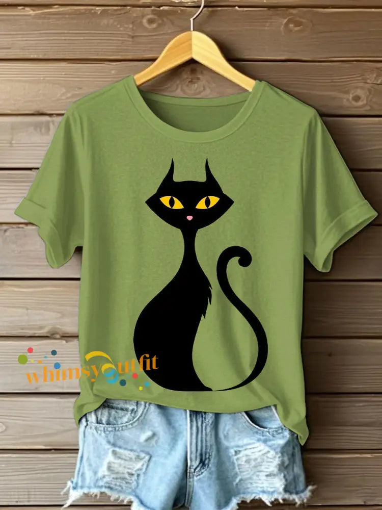 Women’s Halloween Black Cat Short Sleeve T Shirt Green / S