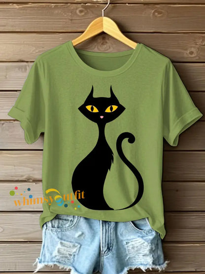 Women’s Halloween Black Cat Short Sleeve T Shirt Green / S