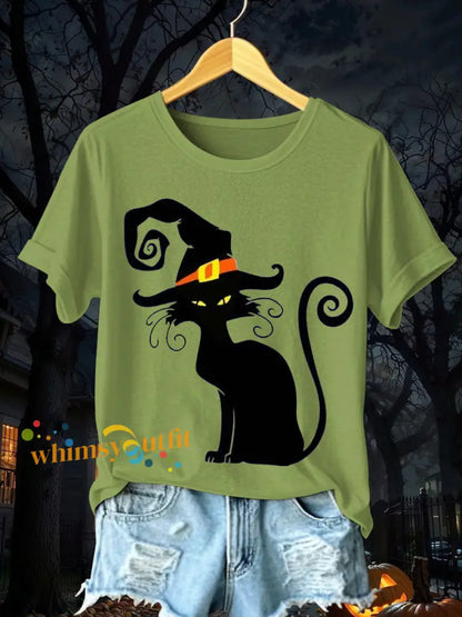 Women’s Halloween Black Cat Short Sleeve T Shirt Green / S